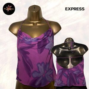 Express 100% Silk Purple Floral Halter Top